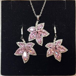 Pink and Silver Floral Necklace and Earrings with Gemstone Accents